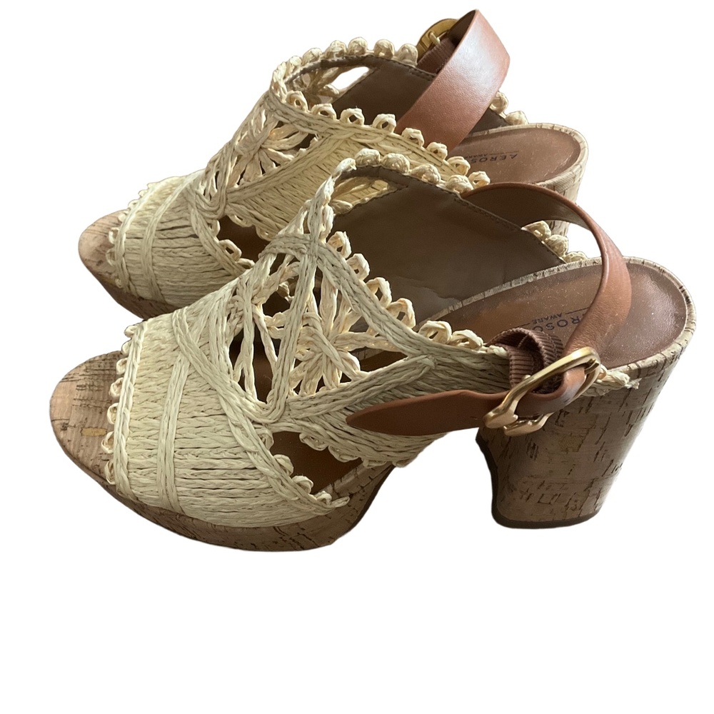 Aerosoles Beige Brown Woven Upper Cork Heel Chunky Retro Platform Sandal Size 8